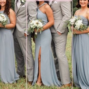 Dusty Blue Azazie Rue Halter Neck Maxi Dress with Slit Bridesmaid Formal Dress